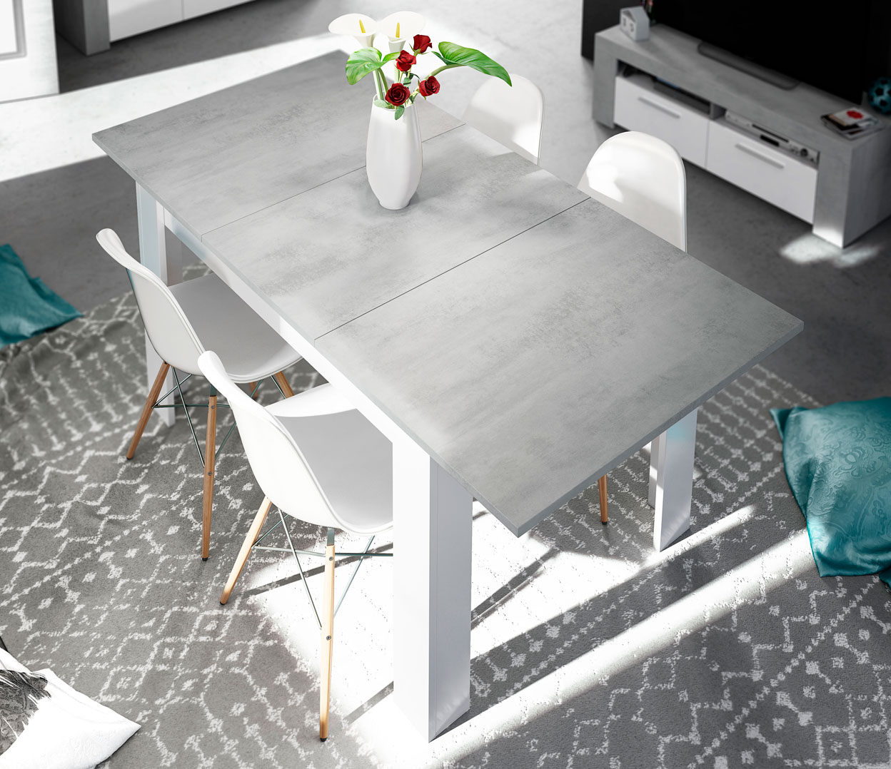 Mesa comedor 140x90 extensible en color blanco y gris cemento Rapimueble