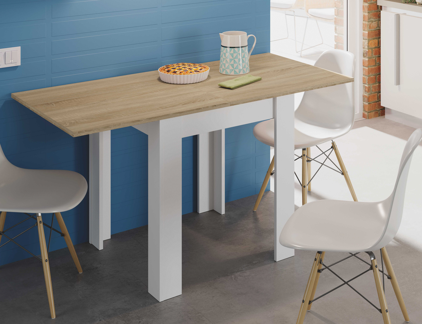 Mesa comedor extensible en blanco artik y roble canadian Rapimueble