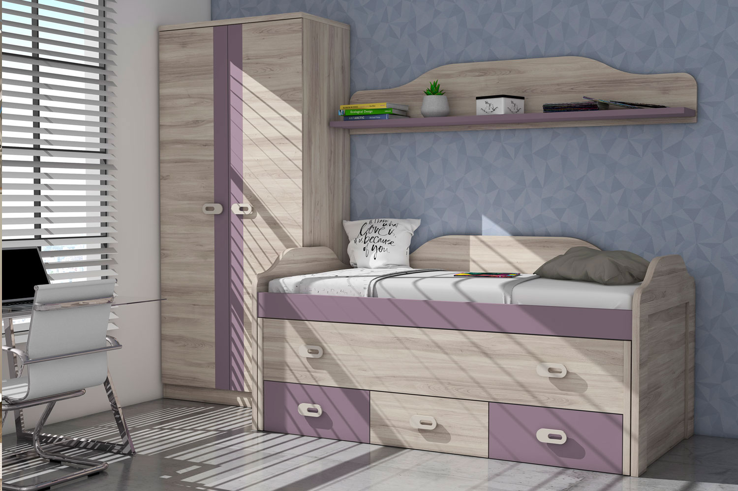 Dormitorio juvenil completo en color berengena y roble | Rapimueble