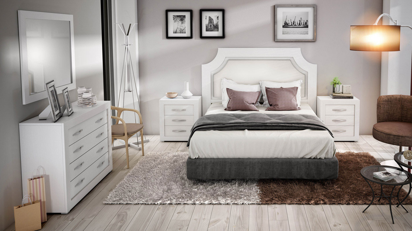 Dormitorio de matrimonio blanco de estilo neoclásico con cabecero