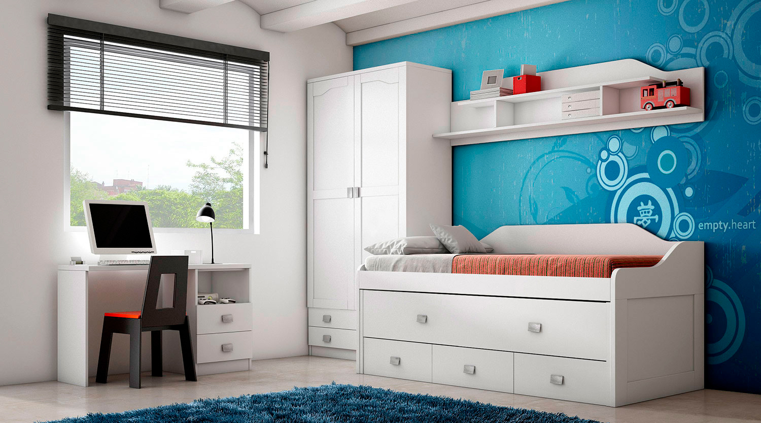 Dormitorio juvenil con cama compacta en color blanco | Rapimueble