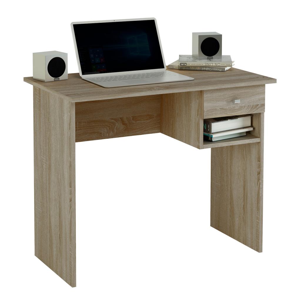 mesa de escritorio color roble estantes caj&oacute;n