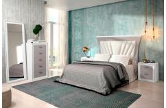 dormitorio matrimonio cabecero tapizado en blanco y gris moderno