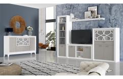 Muebles salon blanco poro gris nude composición