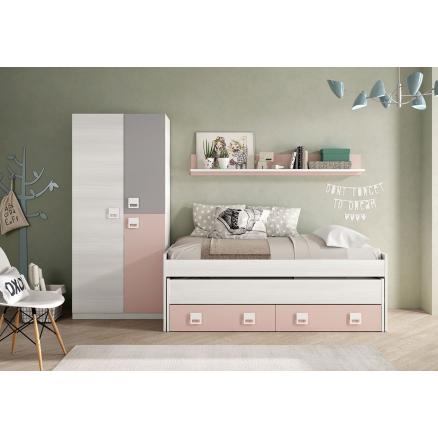 dormitorio completo color rosa y gris suave armario cama juvenil