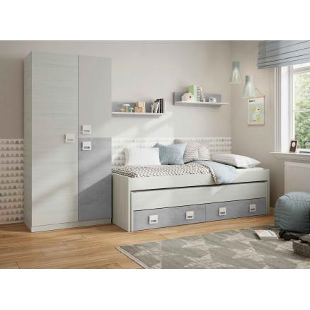 dormitorio juvenil blanco gris cama compacta con cajones