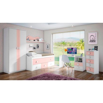 Cama compacta dormitorio juveniles blanco rosa tres cajones