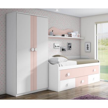 habitacion juveniles cama compacta armario en blanco y rosa