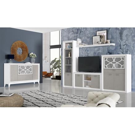 Muebles salon blanco poro gris nude composición