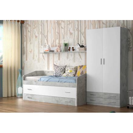 Dormitorio juvenil de color blanco con cama compacta.